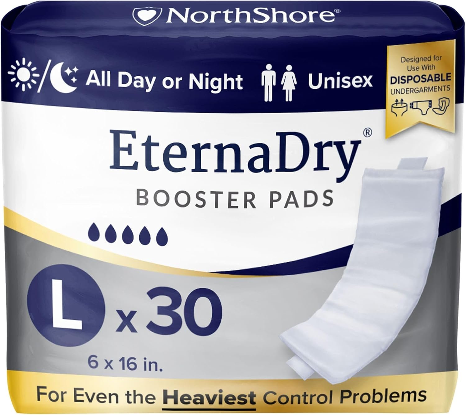 NorthShore Dry Booster Pads for Men and Women with Adhesive, Large, Pack/30